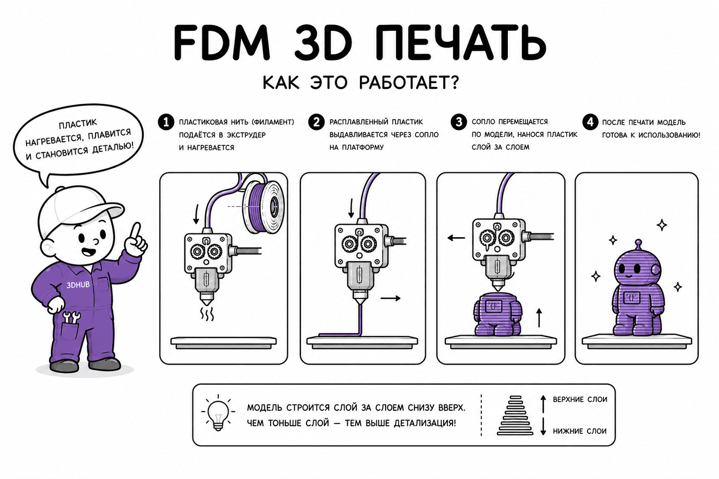 Схема: как работает FDM — пластиковая нить плавится и укладывается слой за слоем